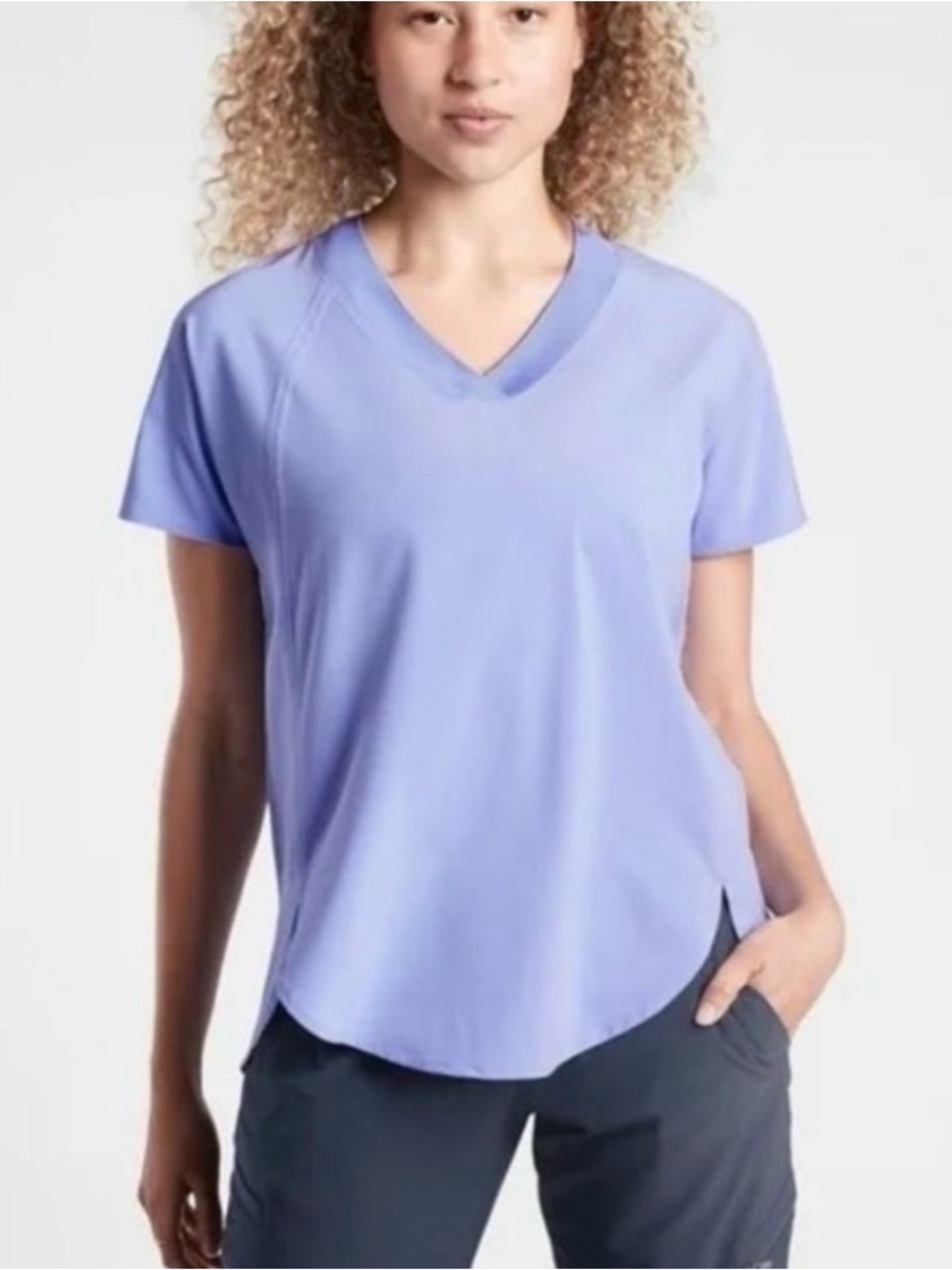 Athleta Zephyr V-Neck Short Sleeve Tee, NWT, UPF Sun Protection, periwinkle blue